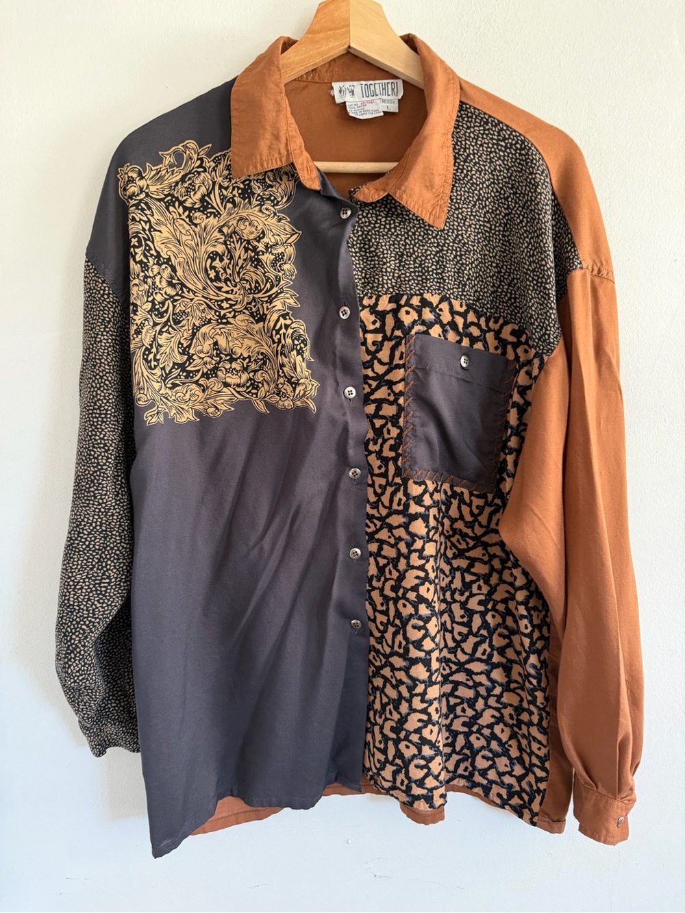 Together Patchwork Button-Up Shirt Jacket in Rust & Charcoal